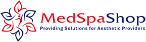 Logo for MedSpaShop featuring a floral design in red and blue on the left, followed by the name "MedSpaShop" with "MedSpa" in red and "Shop" in blue. Below, in blue text, it reads "Providing Solutions for Aesthetic Providers.