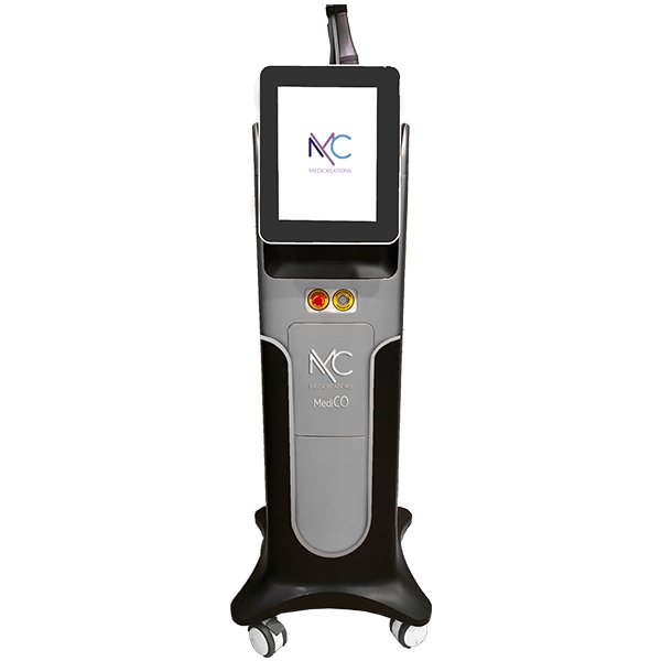 A modern medical device on wheels featuring a touchscreen display. The machine is predominantly black and gray, with the "MediCO" logo and branding visible on the front. Two prominent buttons are located below the touchscreen.