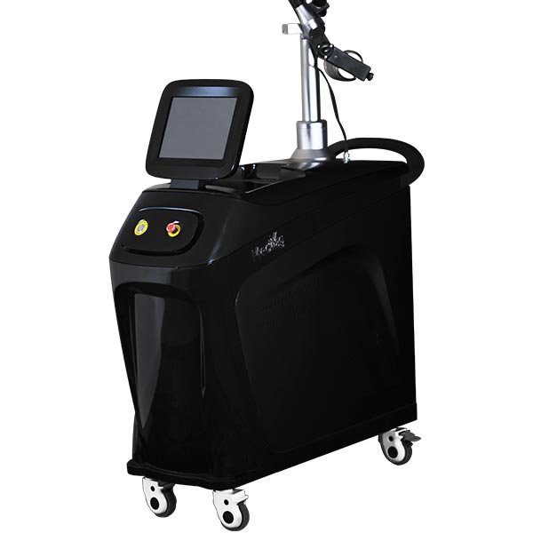 A sleek, black MediYag on wheels with a screen and control buttons on the front. The device has a handle and an articulated arm attachment, commonly used for laser treatments or medical procedures.